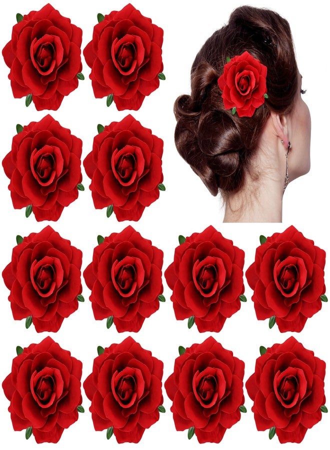 Dizila 12 Pack Flamenco Dancer Mexican Red Rose Flower Brooches Pins Alligator Hair Clips Barrettes Prom Party Wedding Bridal Hair Accessories Headpieces for Women Girls - Image 1